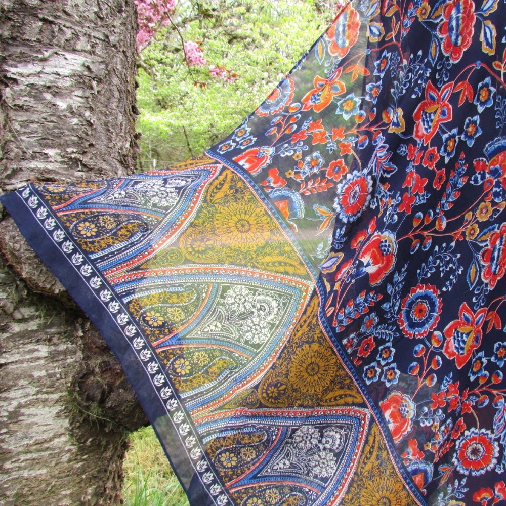 BOHO FESTIVAL DRESS, M, NAVY RED GOLD PRINT, AIRY OVERSKIRT, HANDKERCHIEF HEM - Picture 7 of 9